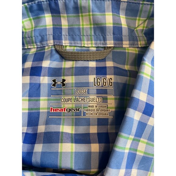 Under Armour Mens HeatGear Short Sleeve Plaid Shirt LG Blue & Green - Picture 2 of 8